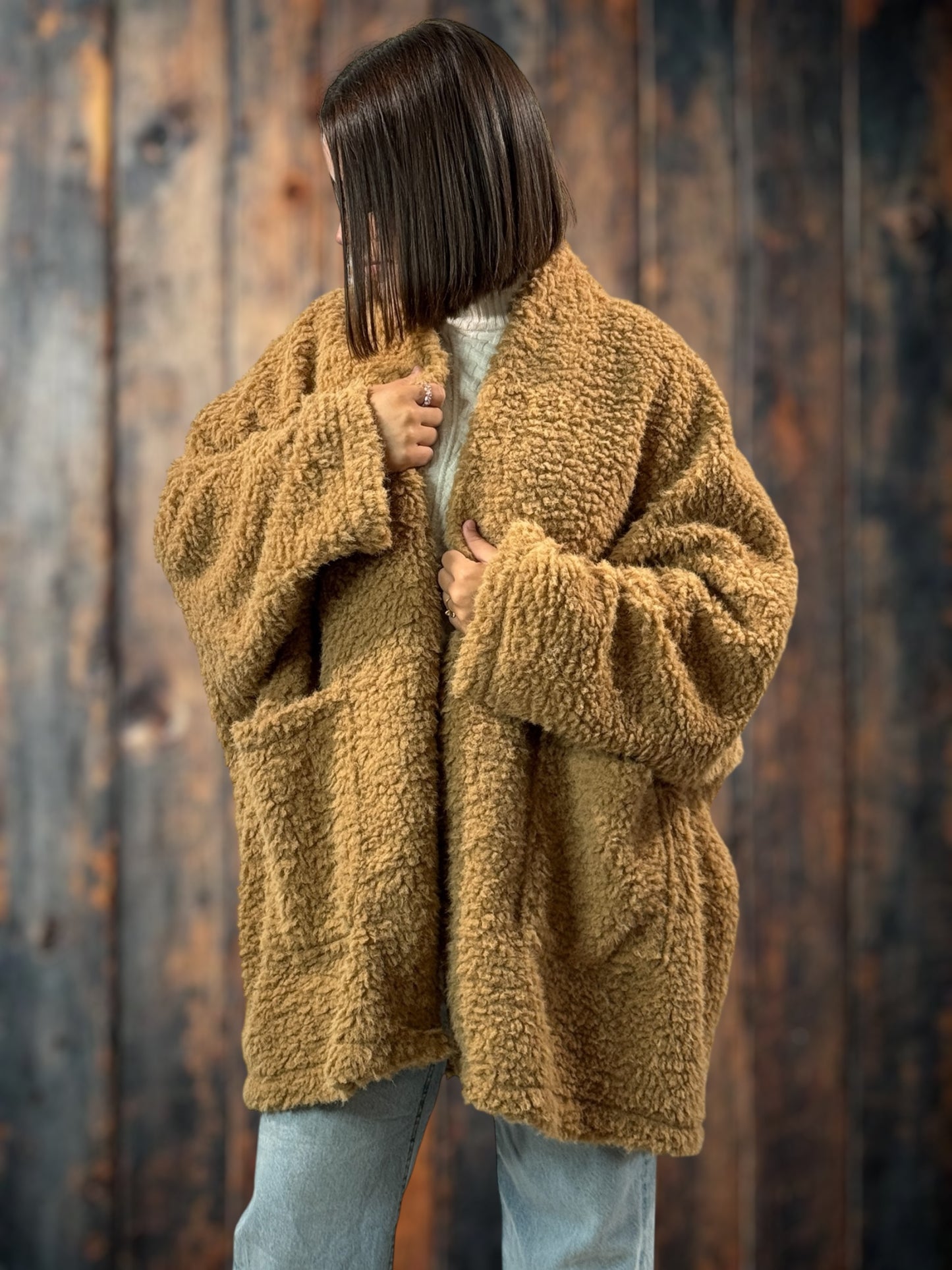 LILIROSE - VESTE OVERSIZE CAMEL EN MOUMOUTE JUSQU'A LA TAILLE 56