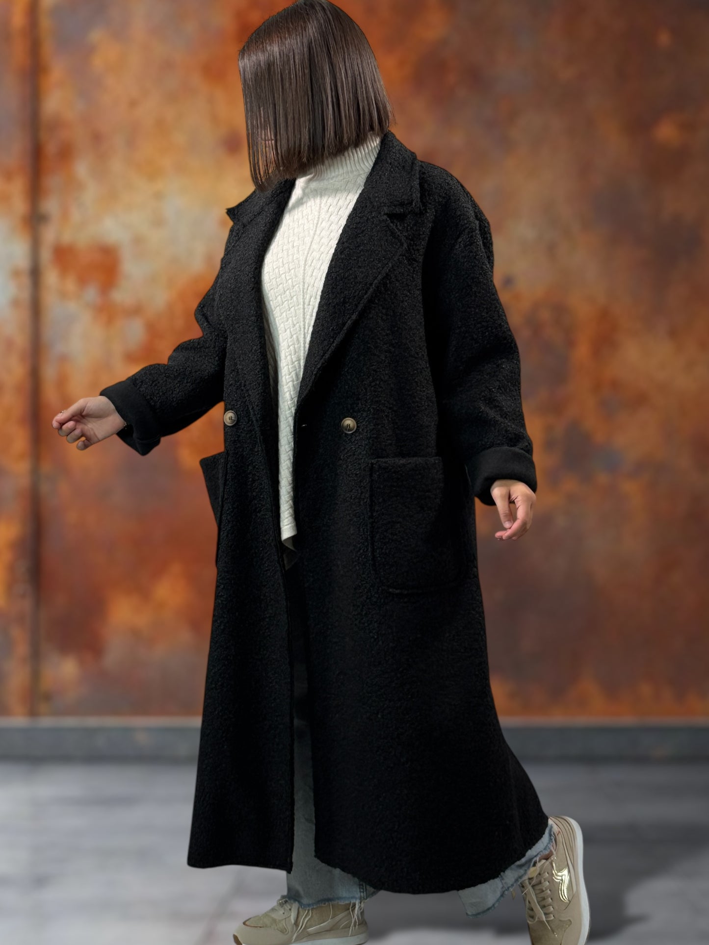 JULIEN - LONG MANTEAU NOIR EN BOUCLETTE JUSQU'A LA TAILLE 50/52