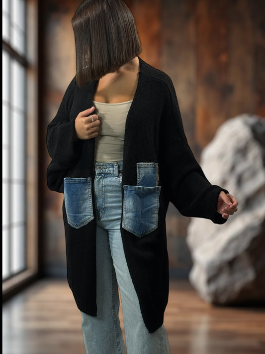 SANTANA - GILET OVERSIZE NOIR POCHES EN JEAN JUSQU'A LA TAILLE 52