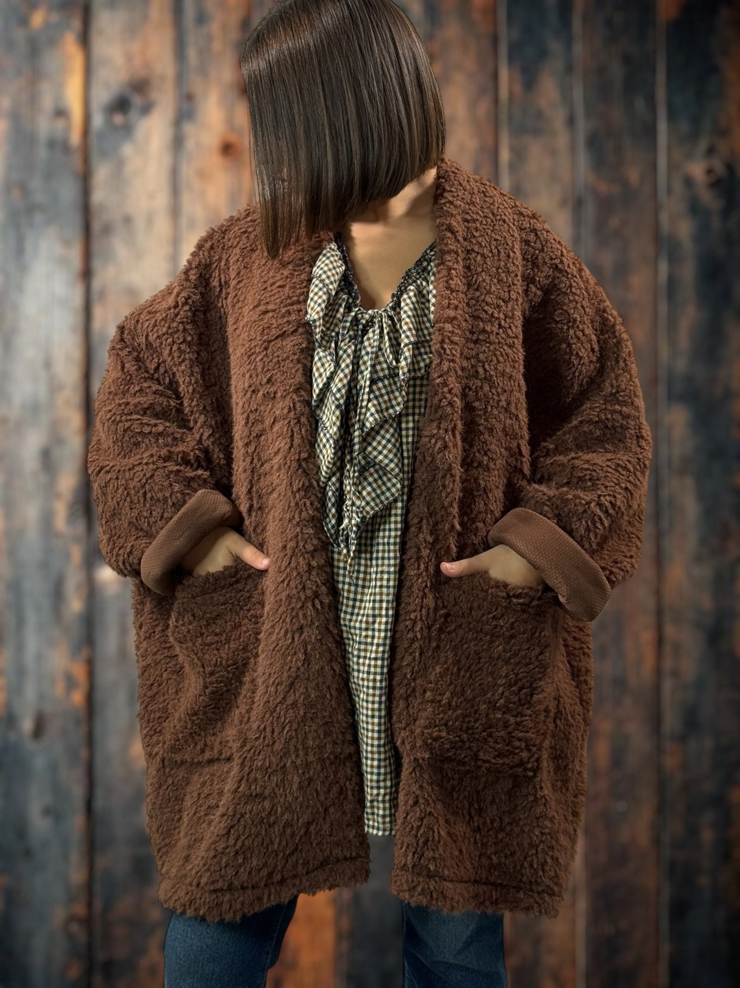 LILIROSE - VESTE OVERSIZE MARRON EN MOUMOUTE JUSQU'A LA TAILLE 56/58