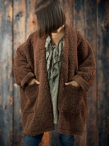 LILIROSE - VESTE OVERSIZE MARRON EN MOUMOUTE JUSQU'A LA TAILLE 56/58