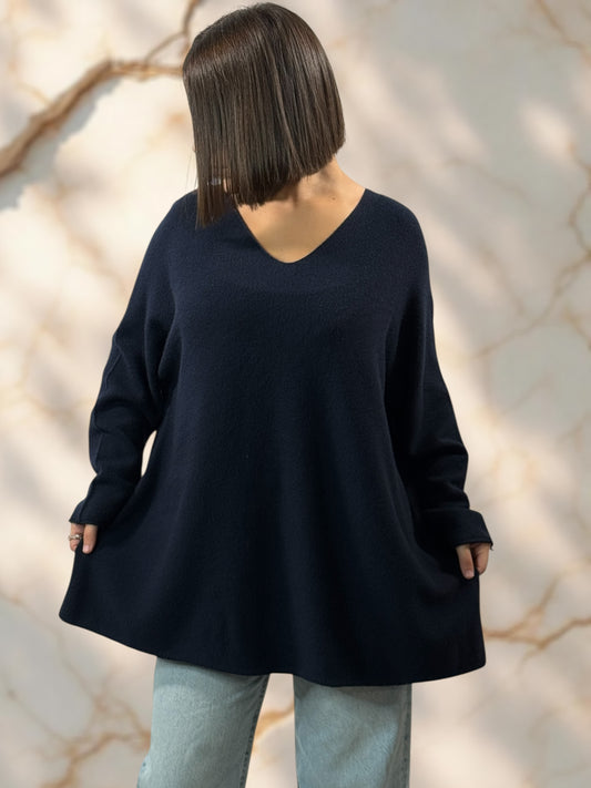 LARA - PULL OVERSIZE MARINE JUSQU'A LA TAILLE 54