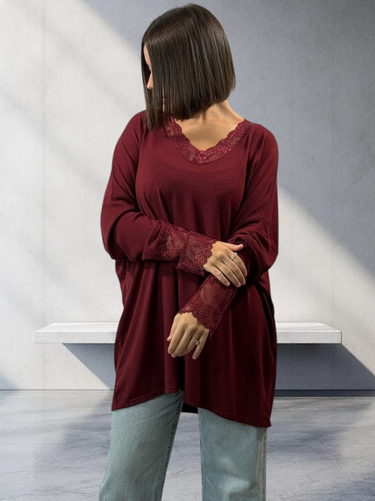 VALENTINA - PULL BORDEAUX EN MAILLE BORDE DE DENTELLE JUSQU'A LA TAILLE 54