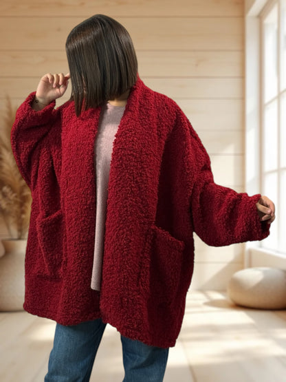 LILIROSE - VESTE OVERSIZE ROUGE EN MOUMOUTE JUSQU'A LA TAILLE 56/58