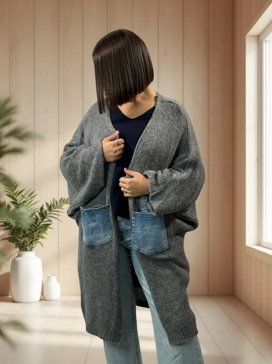 SANTANA - GILET OVERSIZE GRIS POCHES EN JEAN JUSQU'A LA TAILLE 52
