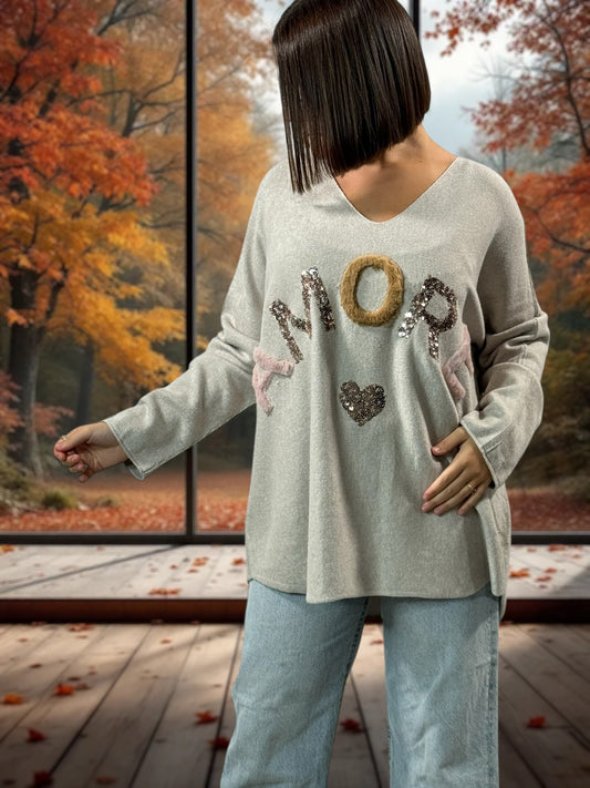FANNY - PULL OVERSIZE BEIGE JUSQU'A LA TAILLE 52