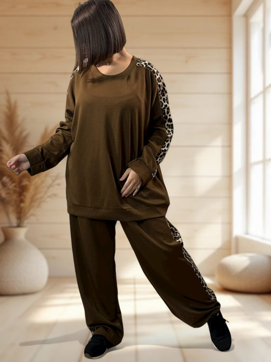 LEONARDO - ENSEMBLE MARRON BANDE LEOPARD JUSQU'A LA TAILLE 52/54