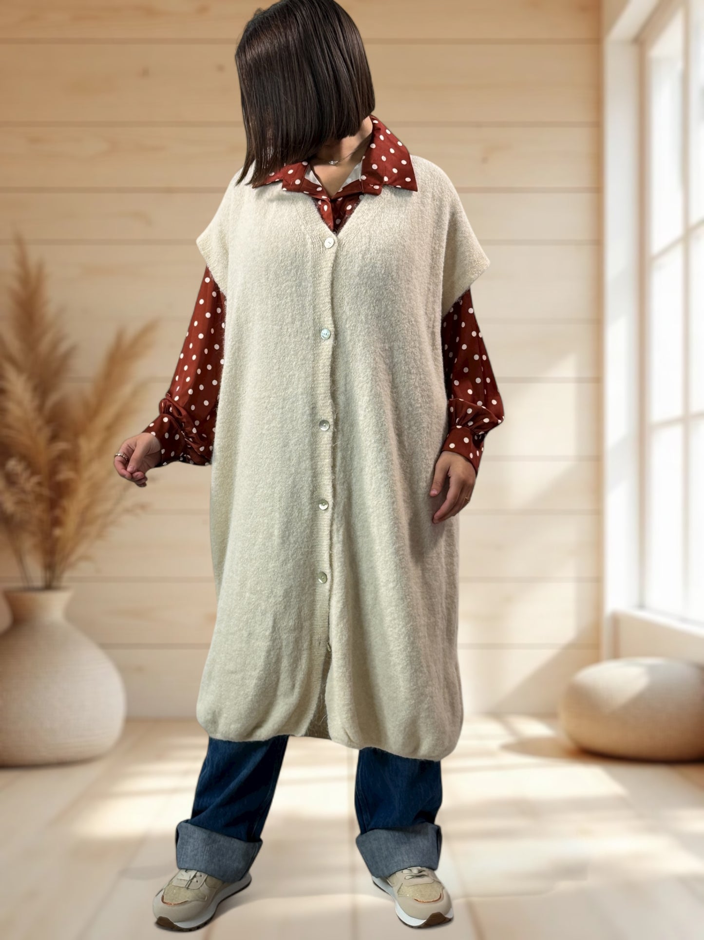 UGO - LONG GILET OVERSIZE BLANC CASSE JUSQU'A LA TAILLE 56/58