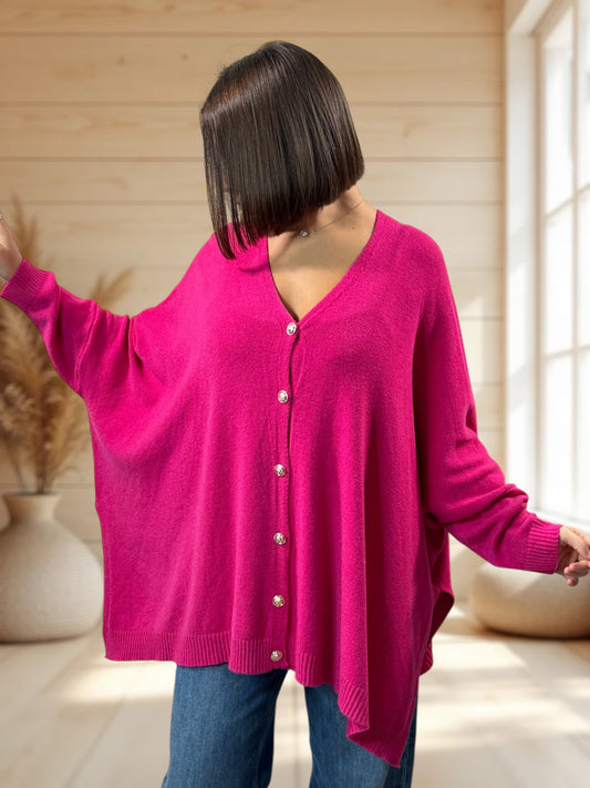 MATHILDE - GILET OVERSIZE FUCHSIA JUSQU'A LA TAILLE 56/58