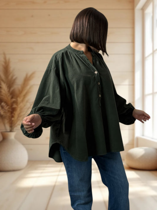 ALICIA - BLOUSE KAKI EN VELOURS MILLERAIES OVERSIZE JUSQU'A LA TAILLE 56