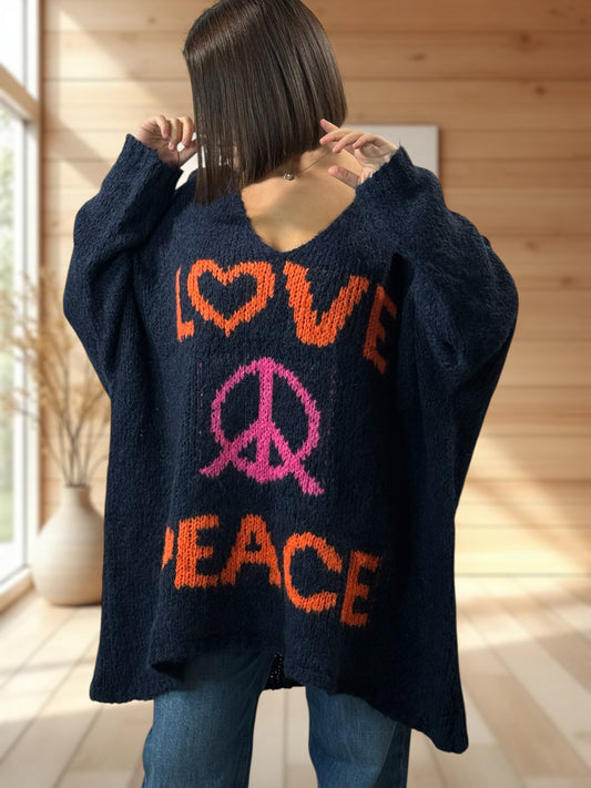 LUCKY - PULL MARINE OVERSIZE PEACE & LOVE JUSQU'A LA TAILLE 56/58