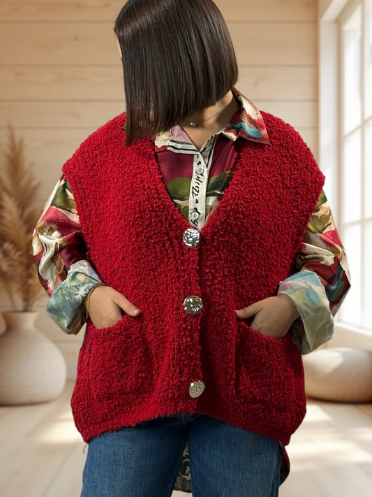 NICO - GILET ROUGE SANS MANCHES 2 POCHES JUSQU'A LA TAILLE 56