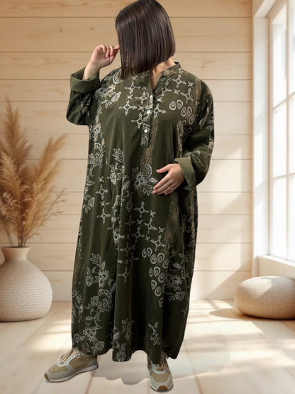 VERONE - ROBE KAKI A MOTIF EN VELOURS JUSQU'A LA TAILLE 52