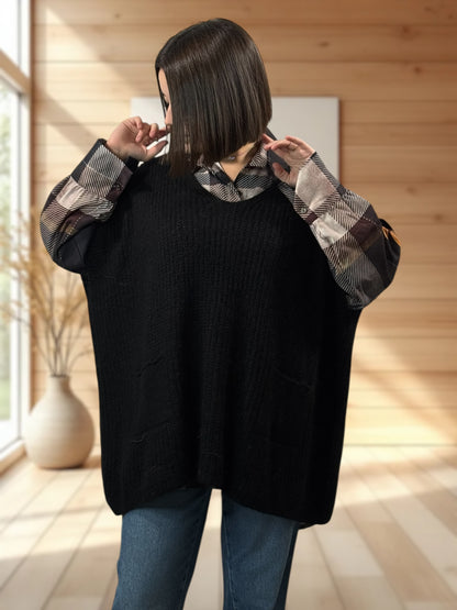 ENZO - PULL NOIR OVERSIZE JUSQU'A LA TAILLE 56