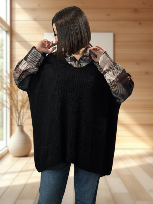 ENZO - PULL NOIR OVERSIZE JUSQU'A LA TAILLE 56