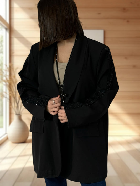 TINA - BLAZER NOIR BANDE EN SEQUINS SUR LES EPAULES JUSQU'A LA TAILLE 52