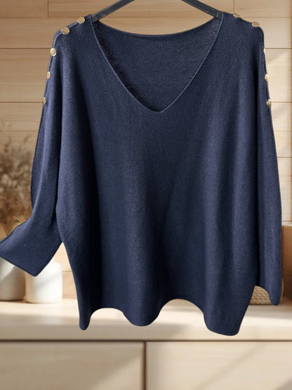 DONNA - PULL OVERSIZE MARINE AVEC BOUTONS DORES JUSQU'A LA TAILLE 52