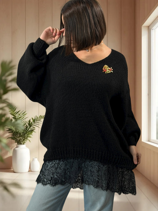 MONIKA - PULL NOIR AVEC DENTELLE JUSQU'A LA TAILLE 48/50