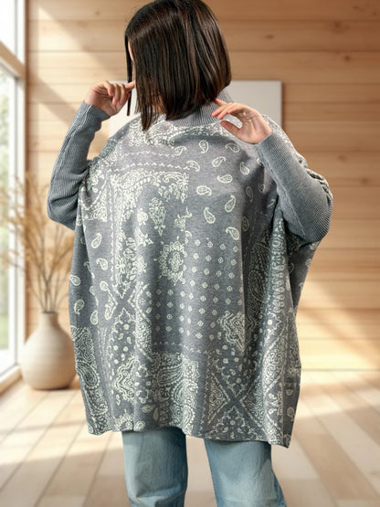 BANDANA - PULL OVERSIZE GRIS A MOTIF JUSQU'A LA TAILLE 56