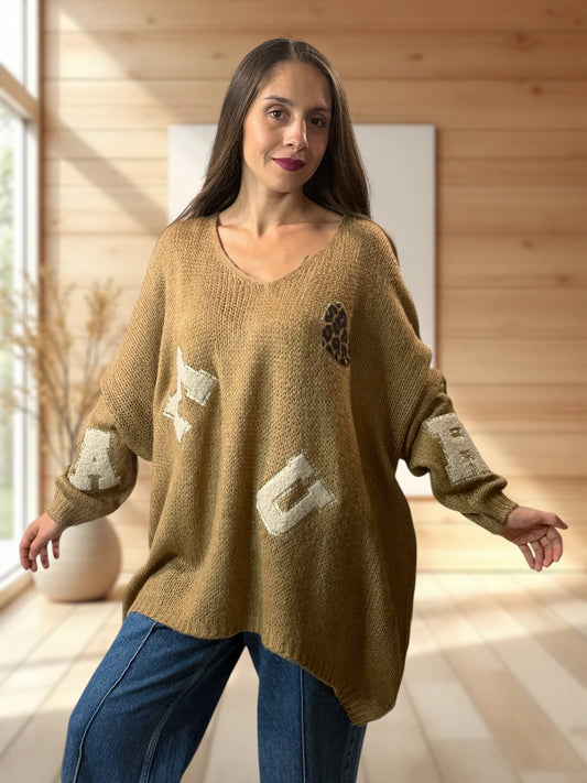JAMES - PULL OVERSIZE CAMEL JUSQU'A LA TAILLE 56