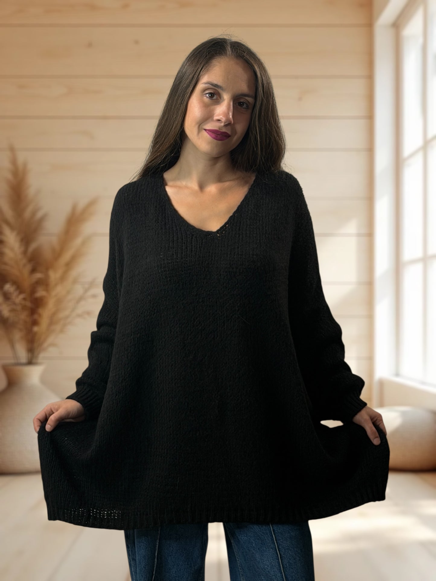 RICKOU - PULL OVERSIZE NOIR MOTIF SOLEILJUSQU'A LA TAILLE 56