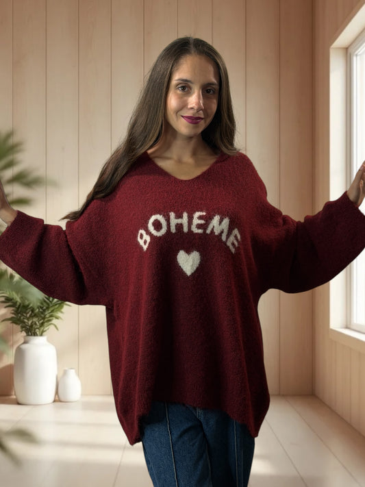 CLAUDIO - PULL BORDEAUX LOGO BOHEME JUSQU'A LA TAILLE 54/56