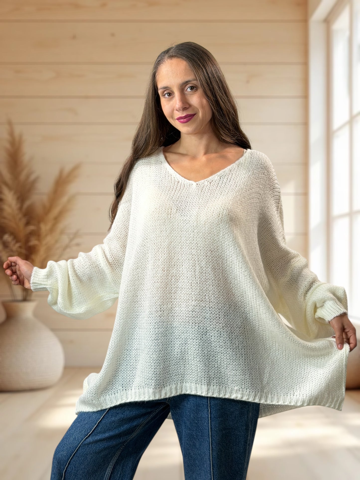 RICKOU - PULL OVERSIZE BLANC CASSE MOTIF SOLEIL JUSQU'A LA TAILLE 56