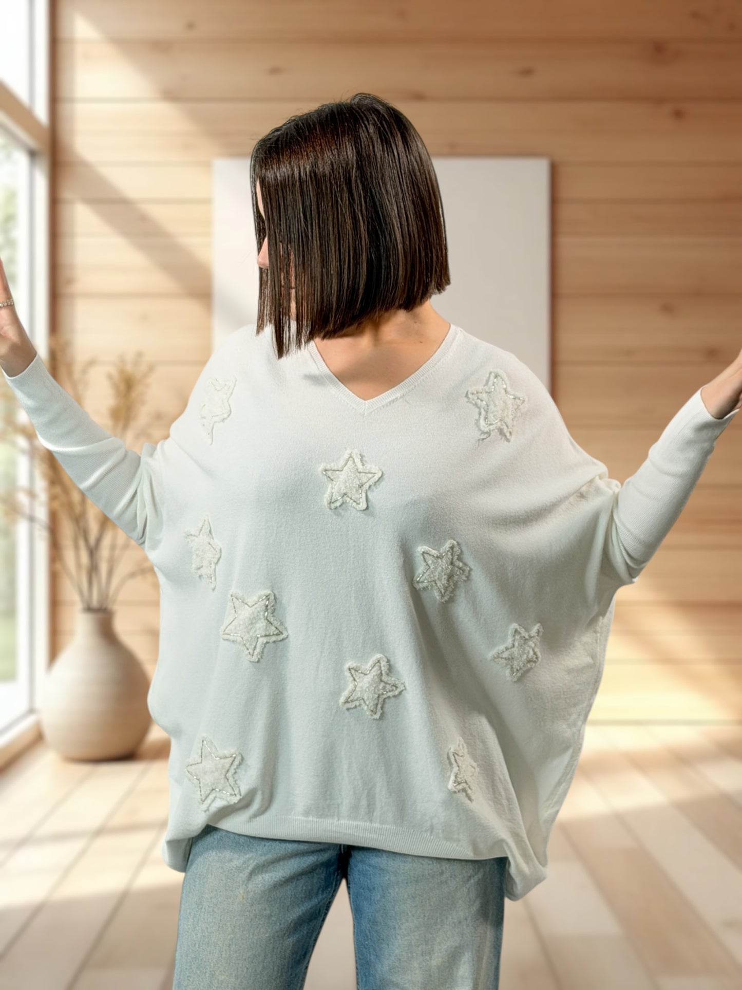 FLOCON - PULL BLANC ETOILE ET PERLE JUSQU'A LA TAILLE 52/54