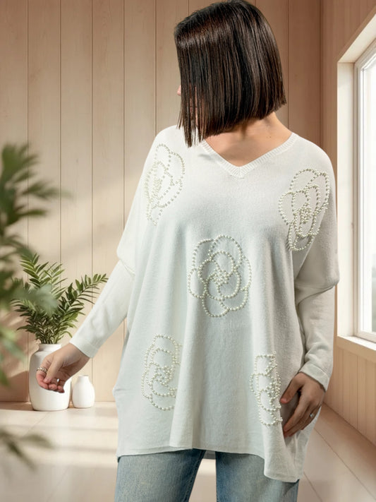 BIANCA - PULL OVERSIZE BLANC AVEC PERLE JUSQU'A LA TAILLE 54/56