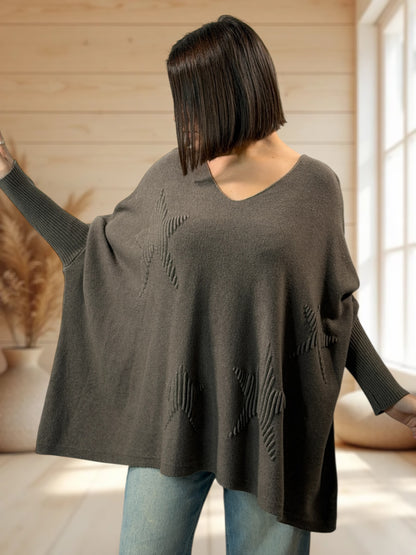 ZAZA - PULL OVERSIZE TAUPE MOTIF ETOILE JUSQU'A LA TAILLE 56