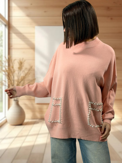 BERENICE - PULL ROSE  AVEC PERLE JUSQU'A LA TAILLE 50/52