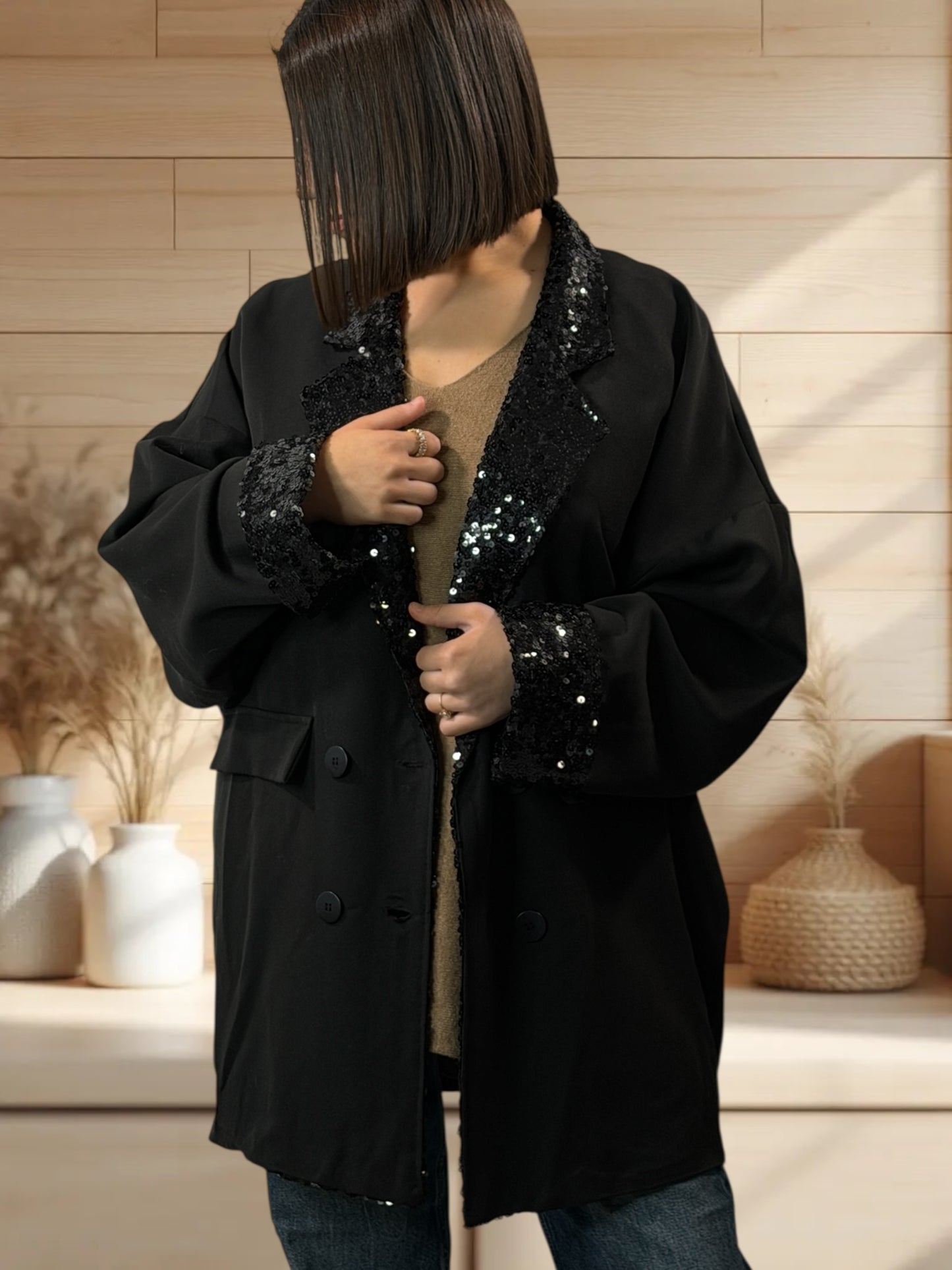 DANY - VESTE NOIR AVEC SEQUINS JUSQU'A LA TAILLE 50