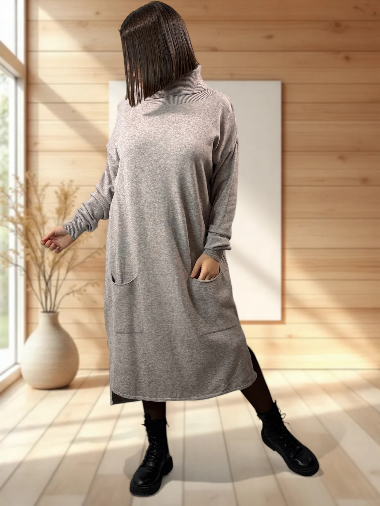 LEONIE - ROBE EN MAILLE TAUPE OVERSIZE JUSQU'A LA TAILLE 48/50