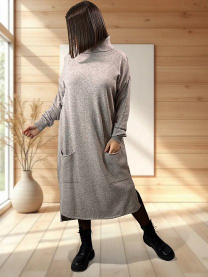 LEONIE - ROBE EN MAILLE TAUPE OVERSIZE JUSQU'A LA TAILLE 48/50