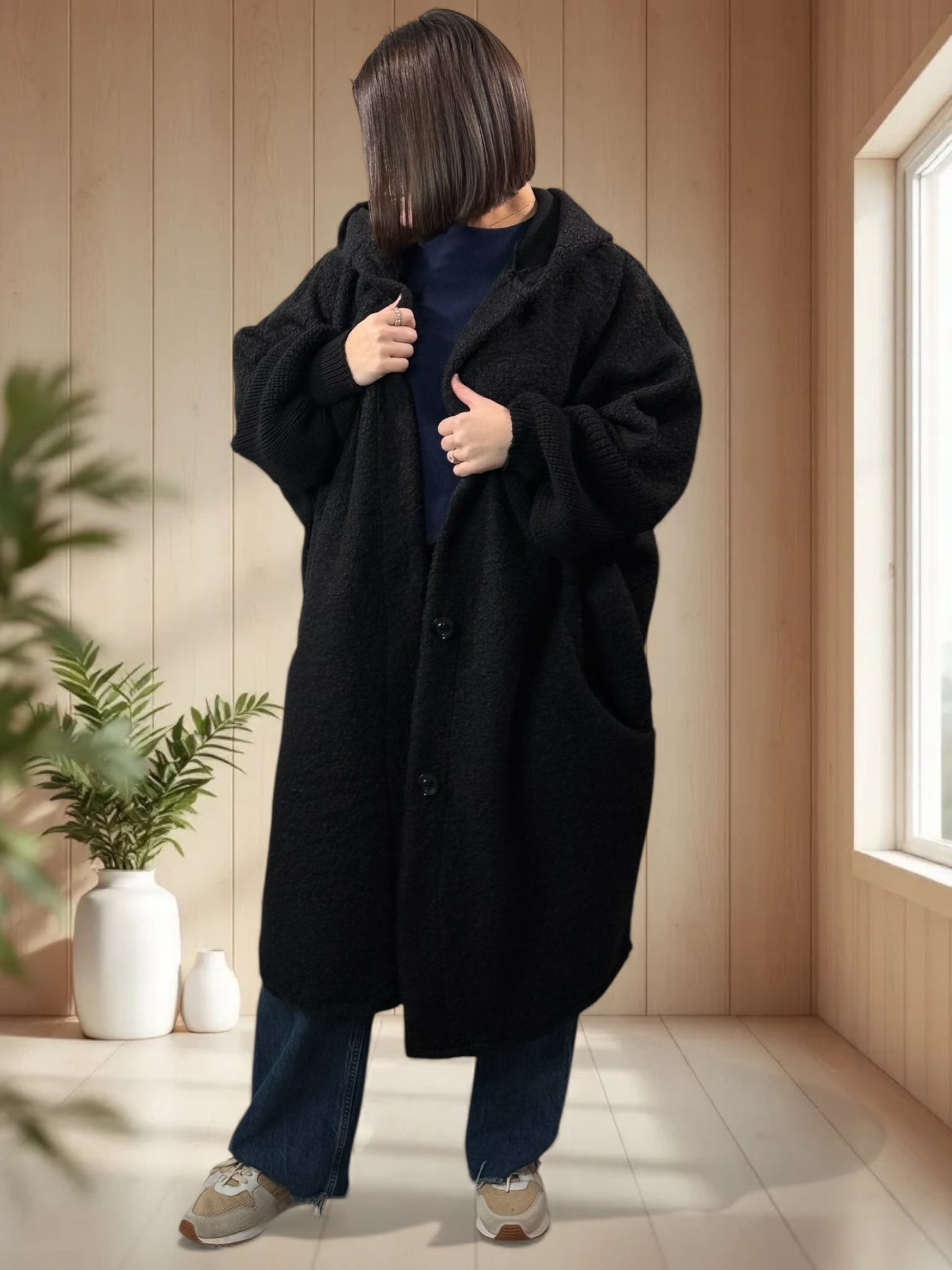 VIRGINIE - MANTEAU OVERSIZE NOIR A CAPUCHE JUSQU'A LA TAILLE 54