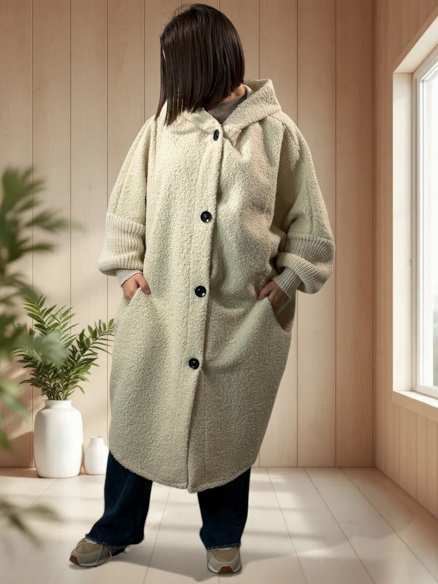 VIRGINIE - MANTEAU OVERSIZE BLANC CASSE A CAPUCHE JUSQU'A LA TAILLE 54