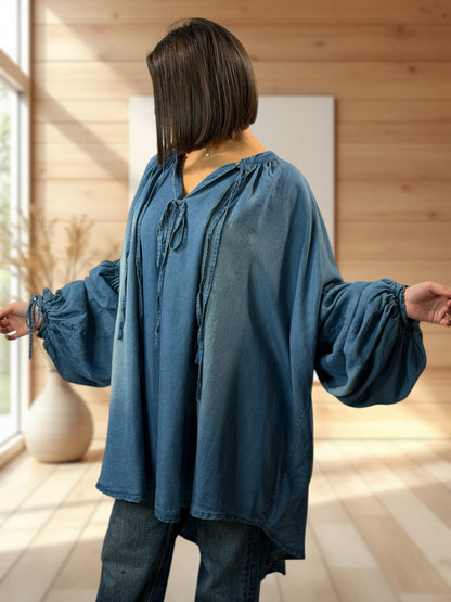 KELLY  - TUNIQUE OVERSIZE EN JEAN TENCELL JUSQU'A LA TAILLE 60