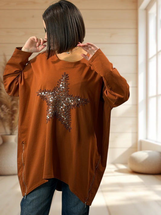 TONY - SWEAT OVERSIZE ROUX ETOILE EN SEQUINS JUSQU'A LA TAILLE 56