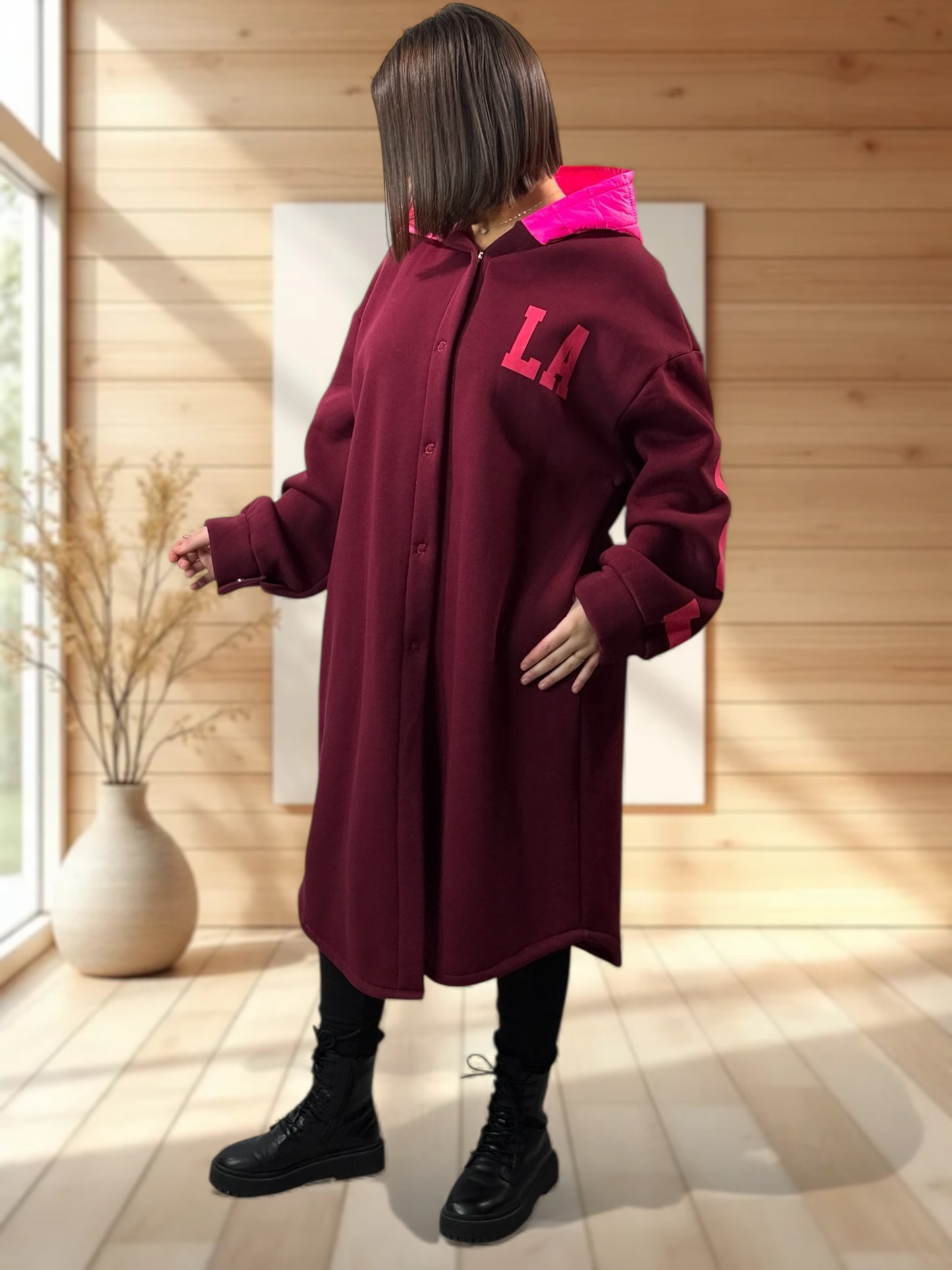 LOS ANGELES - MANTEAU OVERSIZE BORDEAUX A CAPUCHE JUSQU'A LA TAILLE 52