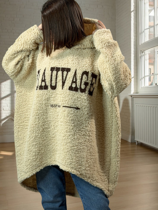 ANGELA - PULL OVERSIZE EN MOUMOUTE BEIGE CAPUCHE JUSQU'A LA TAILLE 56