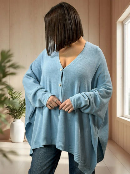MATHILDE - GILET OVERSIZE BLEU CIEL JUSQU'A LA TAILLE 56/58