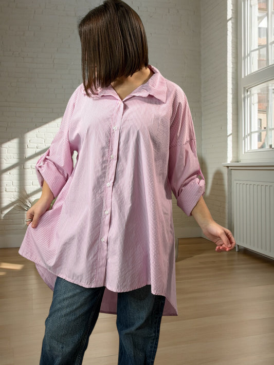 EMMA - CHEMISE OVERSIZE ROSE A RAYURE JUSQU'A LA TAILLE 52/54