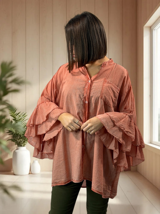 SOLELUNA - BLOUSE TERRACOTTA EN COTON OVERSIZE JUSQU'A LA TAILLE 52
