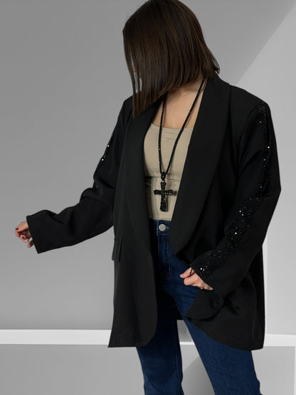 TINA - BLAZER NOIR BANDE EN SEQUINS SUR LES EPAULES JUSQU'A LA TAILLE 52
