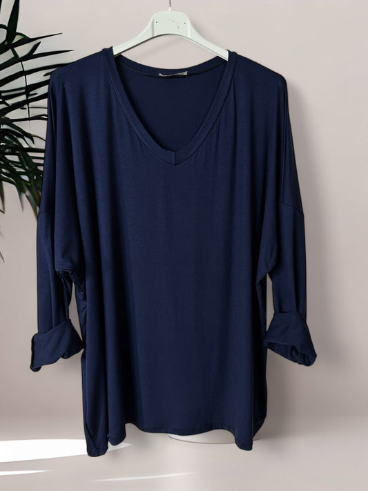 BASTIEN - T-SHIRT EN VISCOSE MARINE MANCHES LONGUES JUSQU'A LA TAILLE 52/54