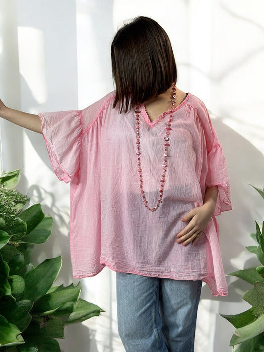 AMANDINE - BLOUSE ROSE OVERSIZE EN COTON JUSQU'A LA TAILLE 56