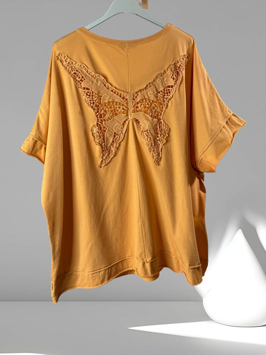 RITA - T-SHIRT ORANGE OVERSIZE MOTIF PAPILLON AU DOS JUSQU'A LA TAILLE 54/56