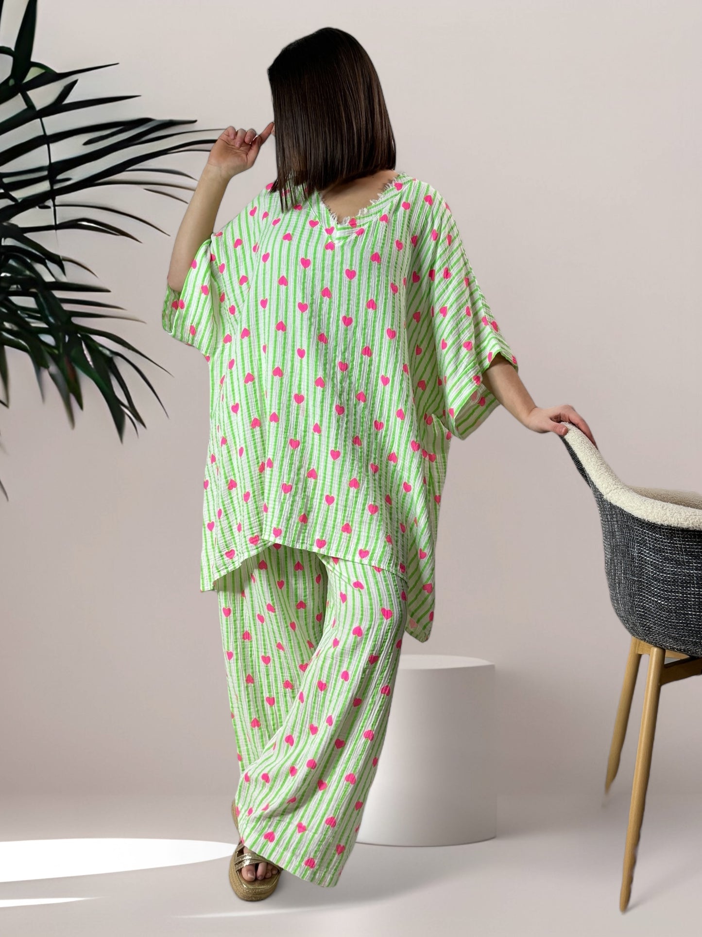 ANGY - PANTALON EN COTON RAYURE VERTE JUSQU'A LA TAILLE 48/50