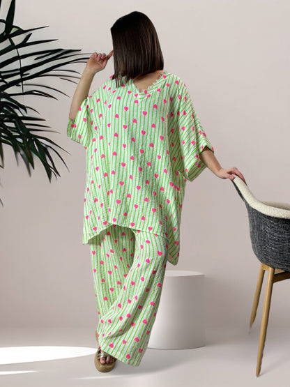 ANGY - PANTALON EN COTON RAYURE VERTE JUSQU'A LA TAILLE 48/50
