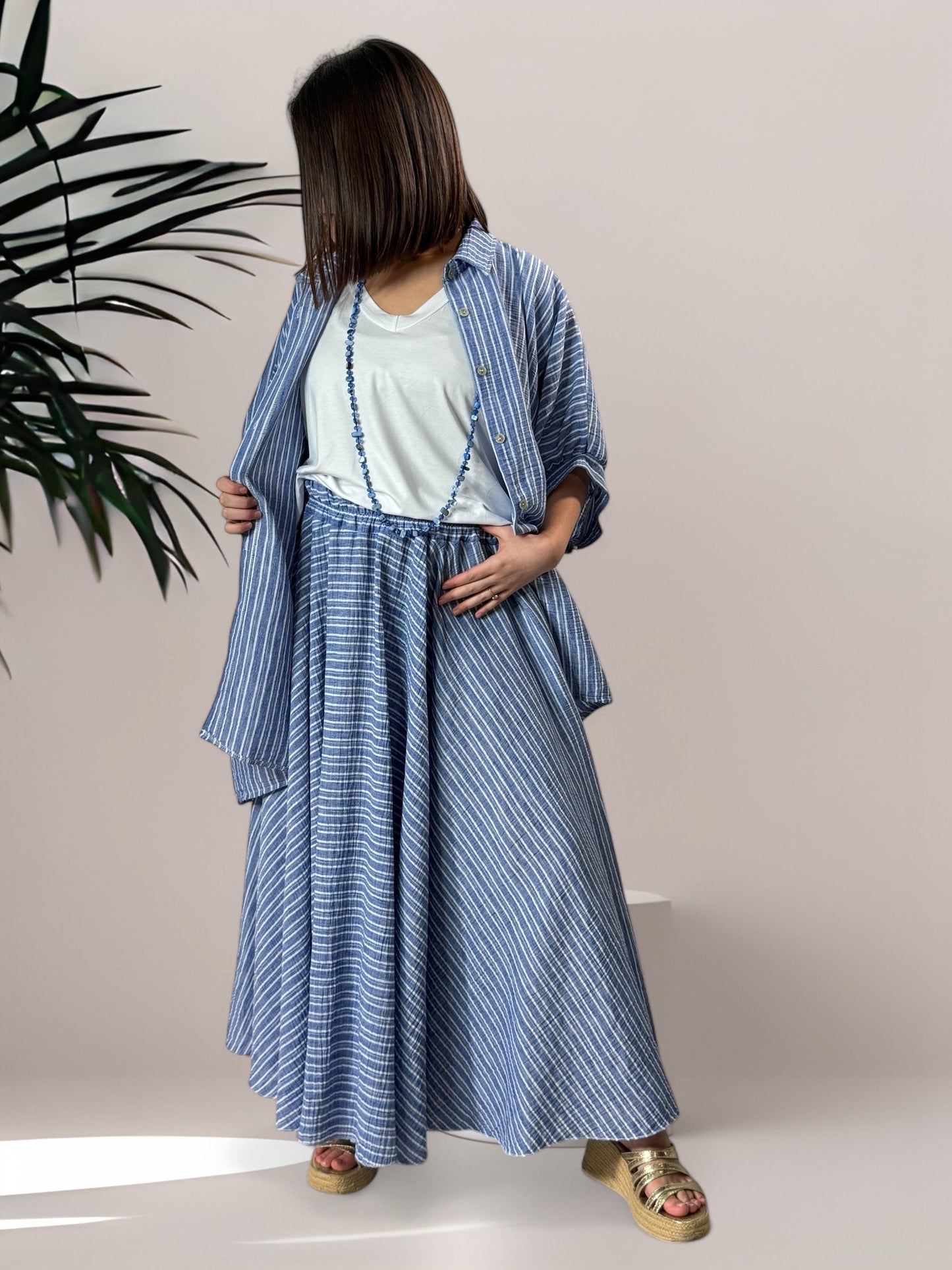 OCEANE - JUPE AMPLE BLEUE A RAYURE LIN ET COTON JUSQU'A LA TAILLE 52